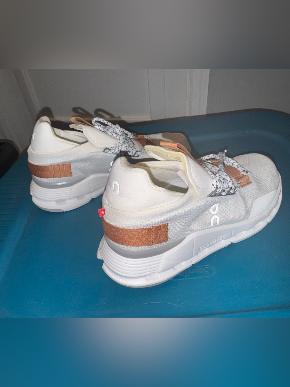On Cloud Running White Sneakers with Tan Accents - Picture 3 of 7